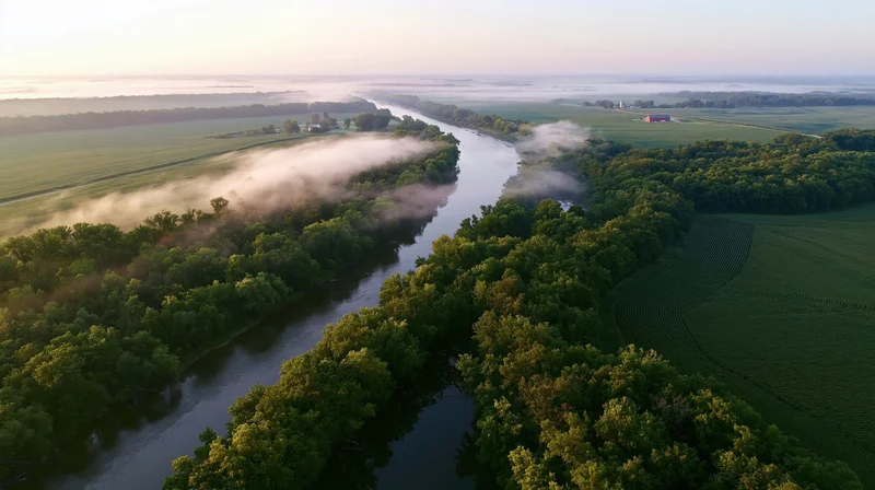 River winding through green farmland and forest at sunrise with morning fog hovering over the water and trees
