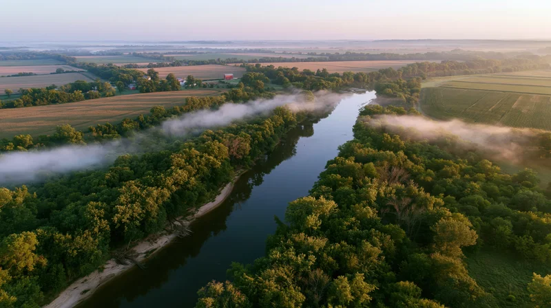 Aerial view of a river winding through foggy forest and farmland at sunrise