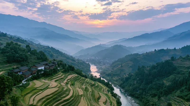 Terraced rice fields along a winding river in a mountain valley at sunset
