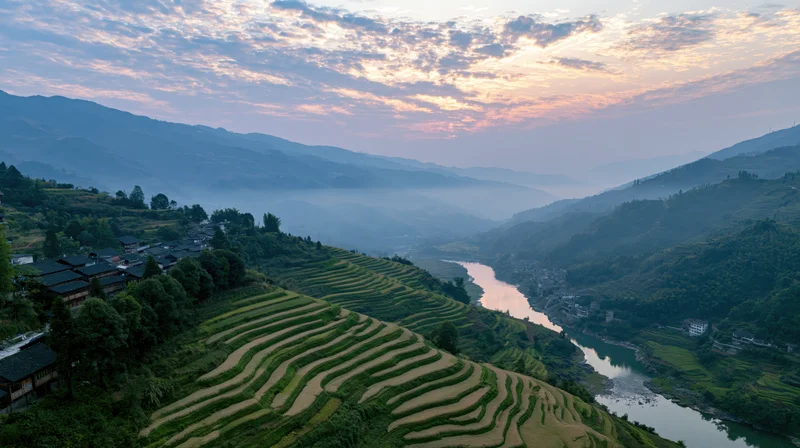 Terraced rice fields winding along a river valley at sunset with traditional village houses nestled among green hills