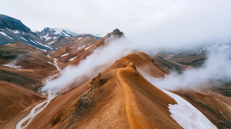 Hikers walking along a narrow mountain ridge with snow and fog in a rugged volcanic landscape