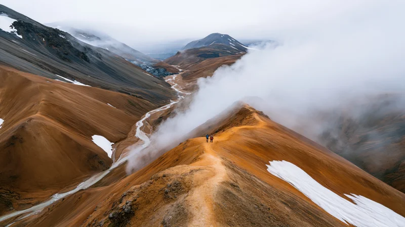 Two hikers walking along a narrow mountain ridge above a misty valley with snow patches and colorful volcanic terrain