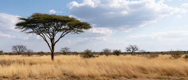 Acacia tree standing in a dry golden grassland under a blue sky with scattered clouds