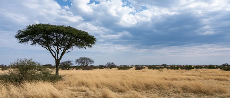 Acacia tree standing in dry grassland under cloudy sky in savanna landscape