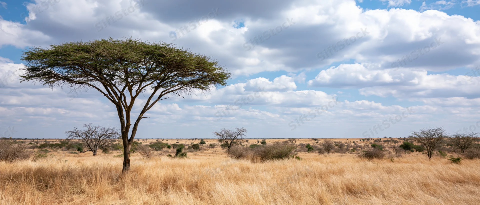 Acacia tree standing in dry golden grassland under cloudy blue sky