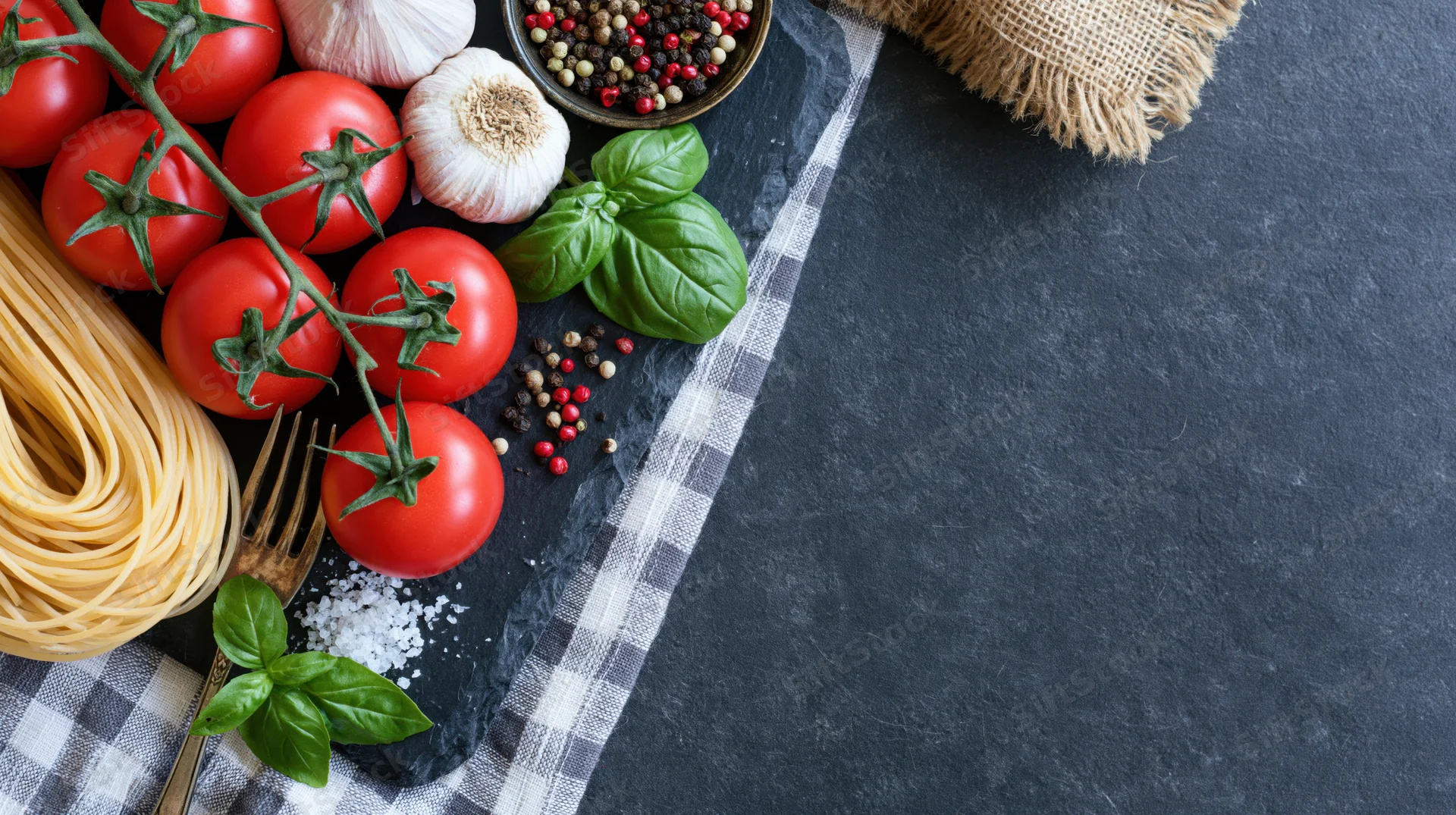 Fresh pasta ingredients arranged on a slate surface with copyspace