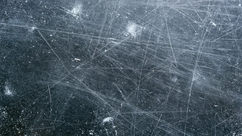 Scratched metal surface with intersecting wear marks and scattered debris