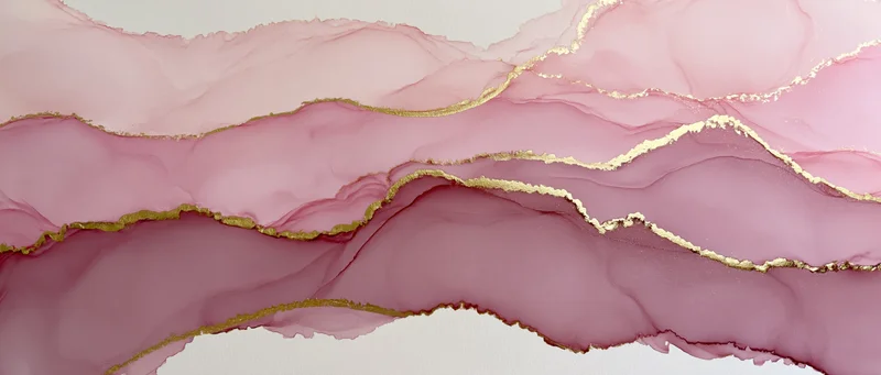 Abstract fluid paint waves in pink and gold resin with metallic edges on white background