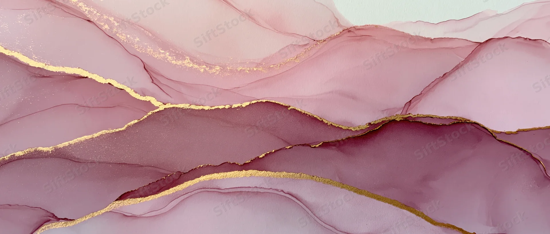 Fluid abstract paint with gold accents flowing in layers across a gradient pink and purple background