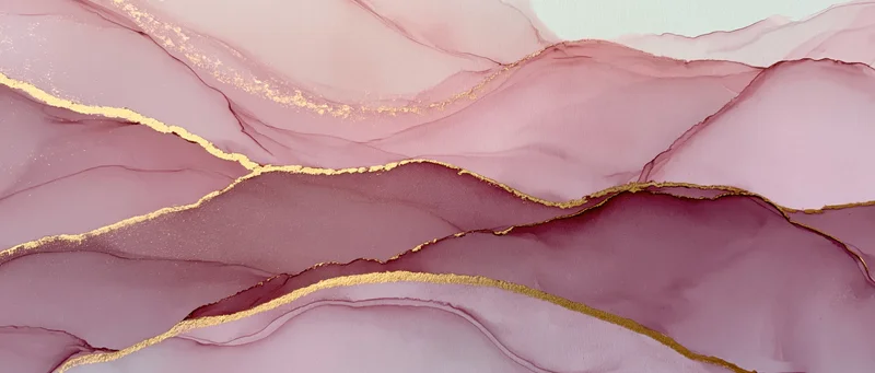 Fluid abstract paint with gold accents flowing in layers across a gradient pink and purple background