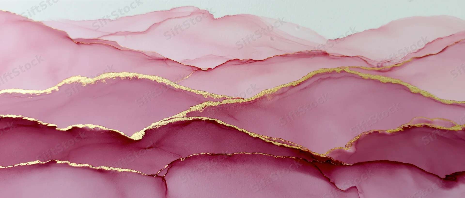 Fluid pink and purple paint layers with gold accents forming wavy abstract texture