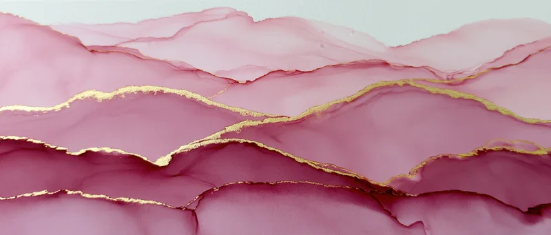 Fluid pink and purple paint layers with gold accents forming wavy abstract texture