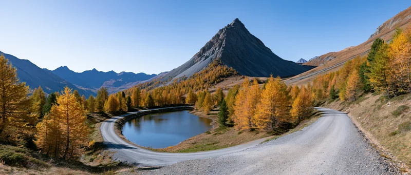 Winding gravel road curves around a calm alpine lake surrounded by golden larch trees in autumn mountain valley