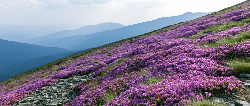 Purple heather blooming across a rocky mountain slope with distant valleys and hills under a cloudy sky