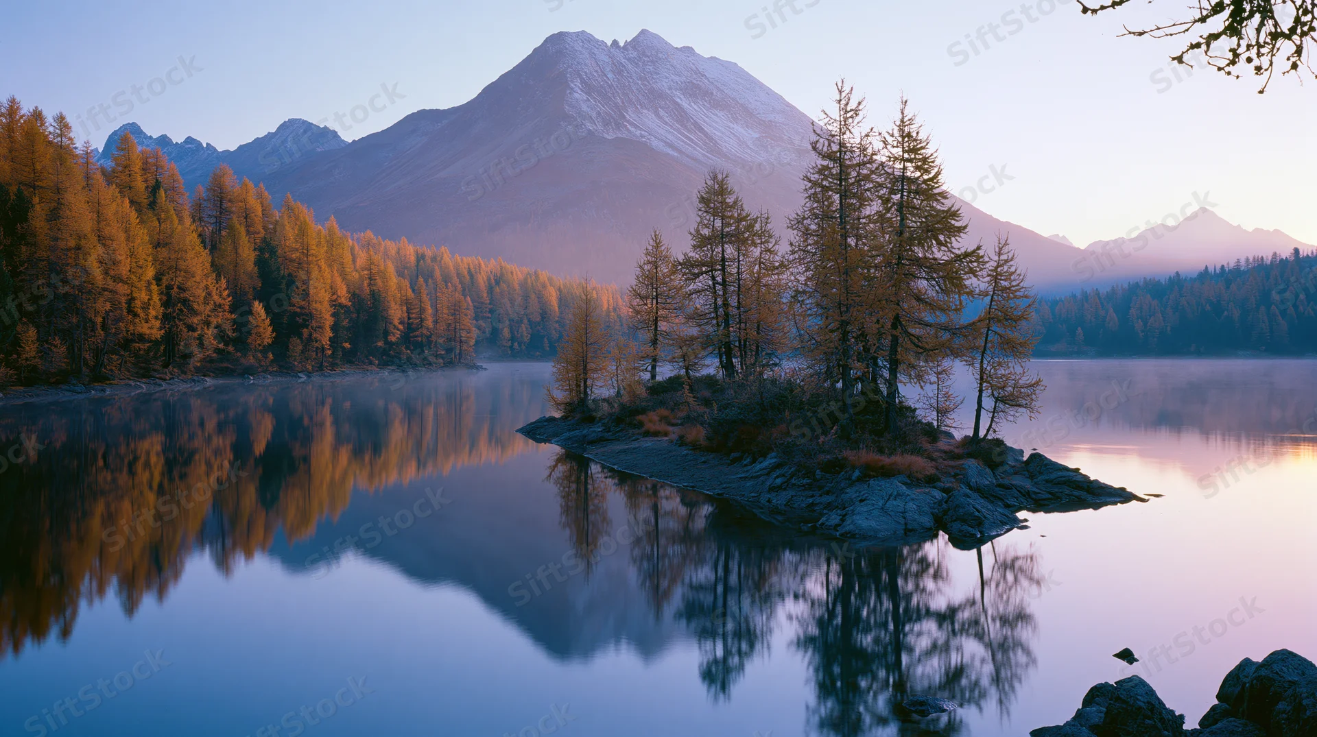 Snow-capped mountain reflected in calm lake surrounded by autumn larch trees on rocky island and shore