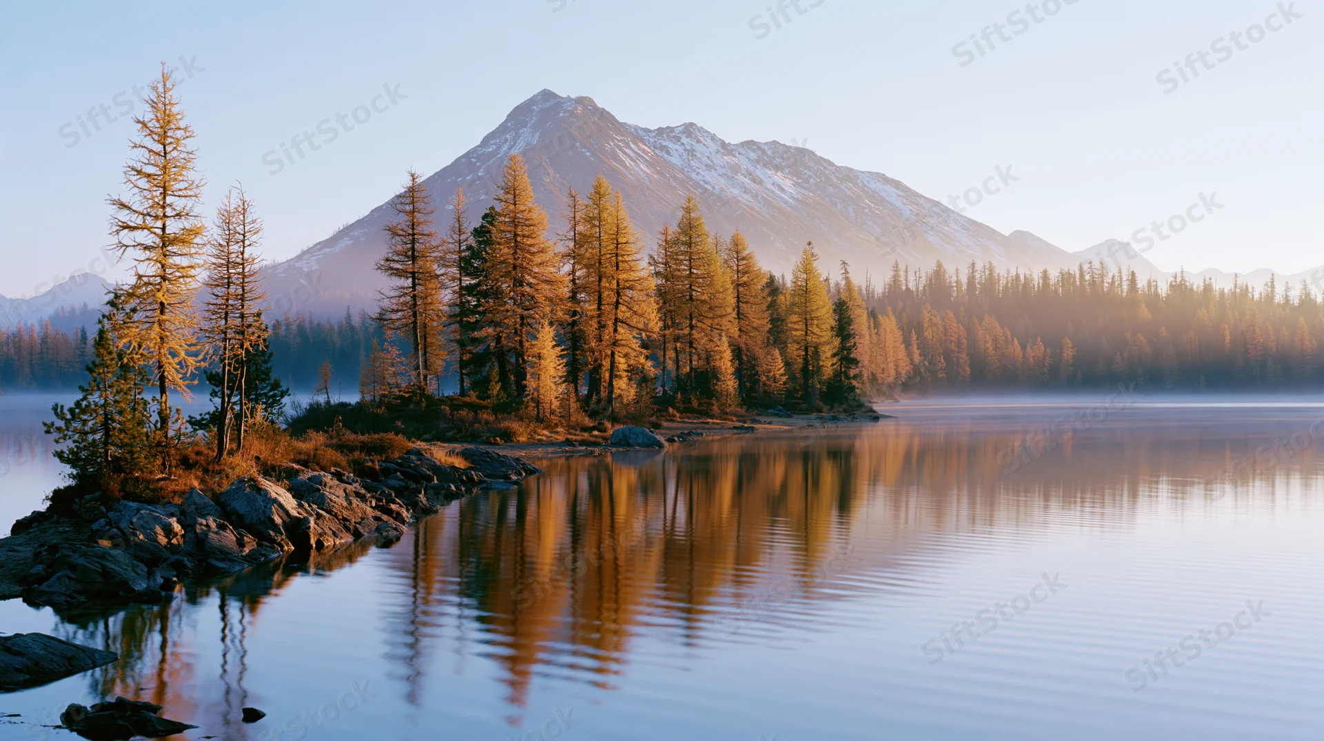 Mountain peak reflected in calm lake surrounded by autumn pine trees at sunrise