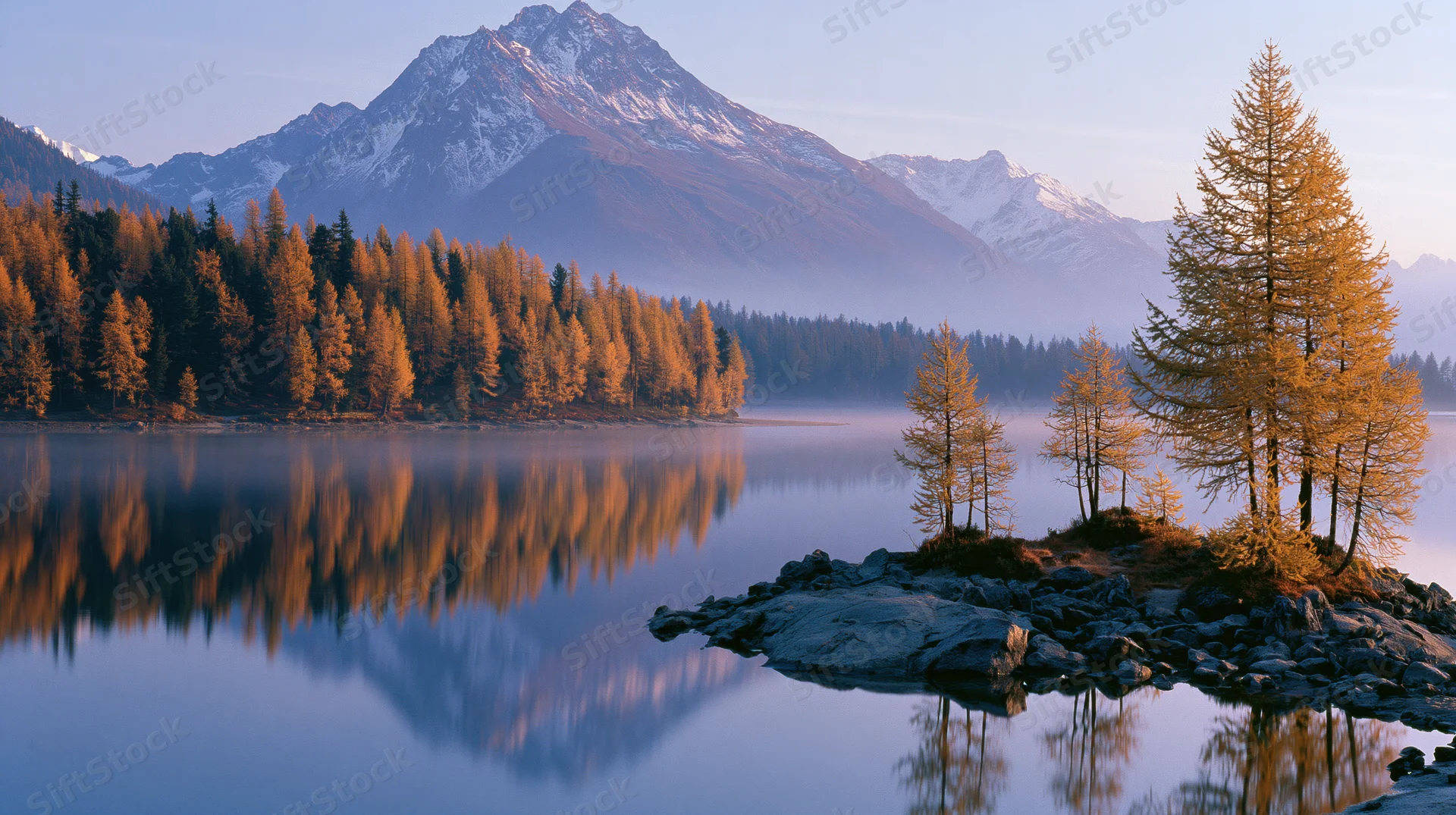 Snow-capped mountain reflected in calm lake with golden autumn trees on shore and small rocky island