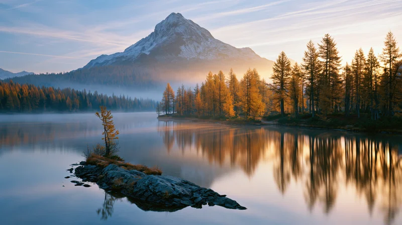 Snow-capped mountain reflected in calm lake surrounded by autumn pine forest at sunrise