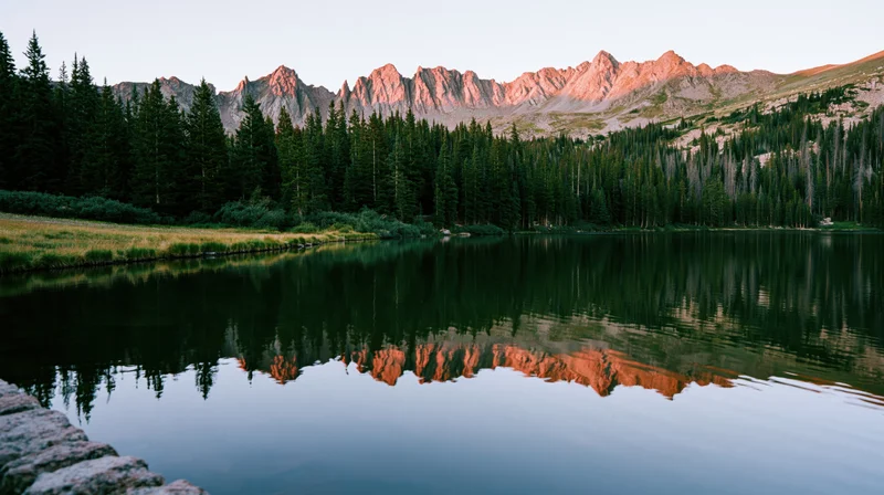 Mountain range reflected in calm lake surrounded by pine forest at sunrise