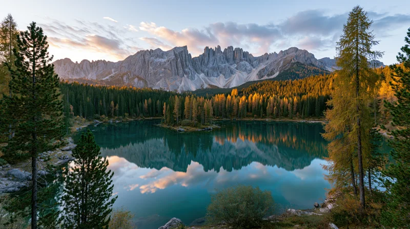 Alpine lake reflecting jagged mountains and autumn forest at sunset