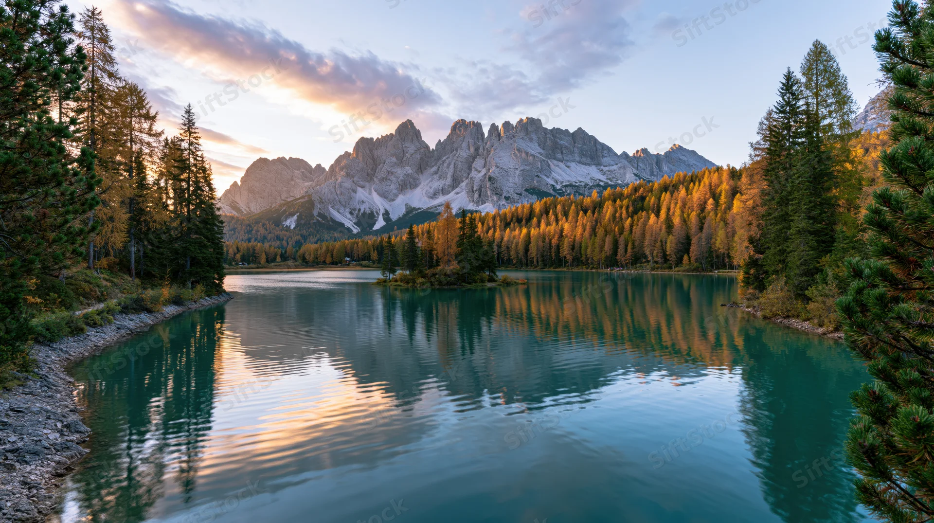 Alpine lake reflecting snow-capped mountains and autumn forest at sunset
