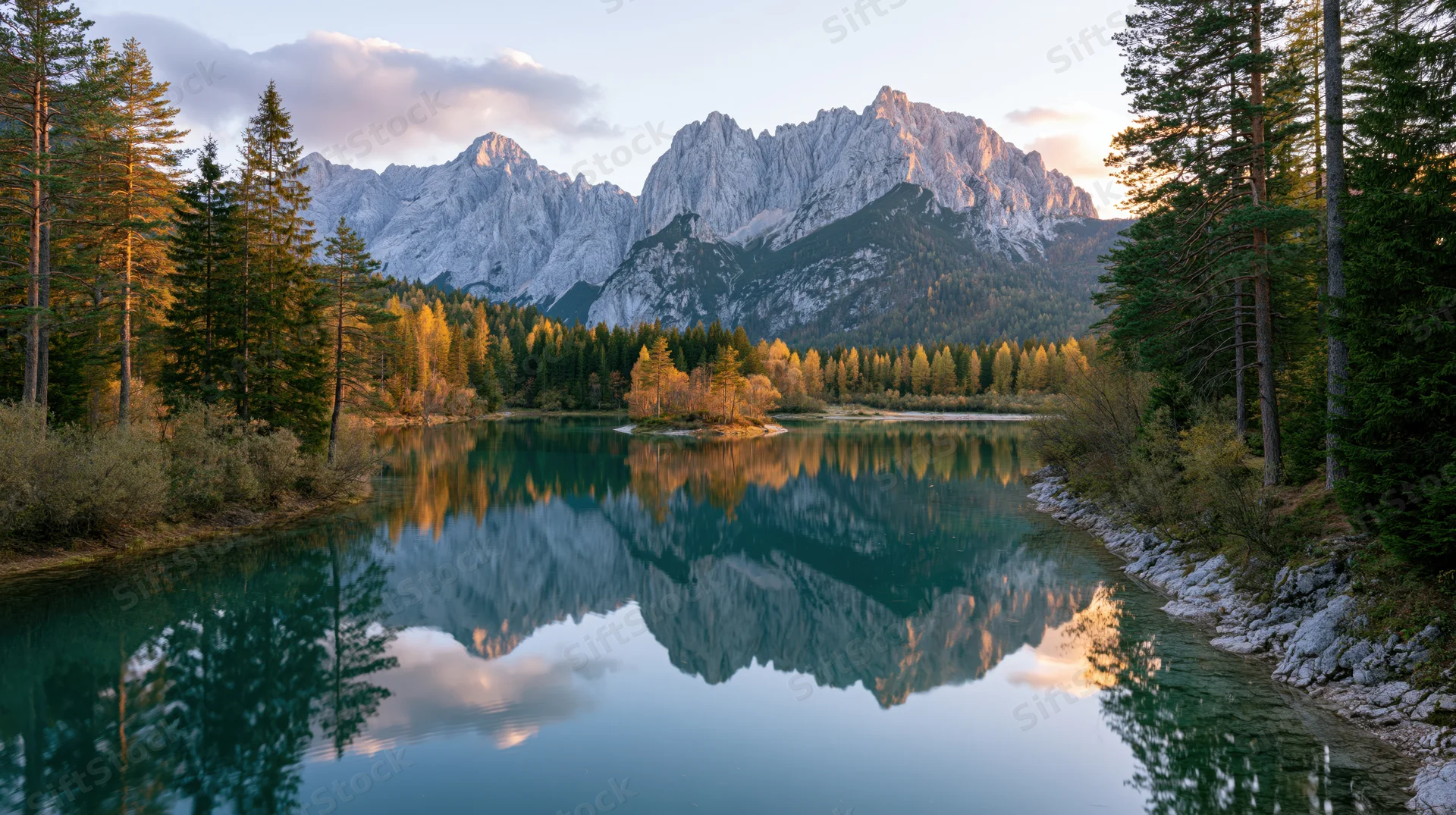 Alpine lake reflecting snow-capped mountains surrounded by autumn pine forest at sunset