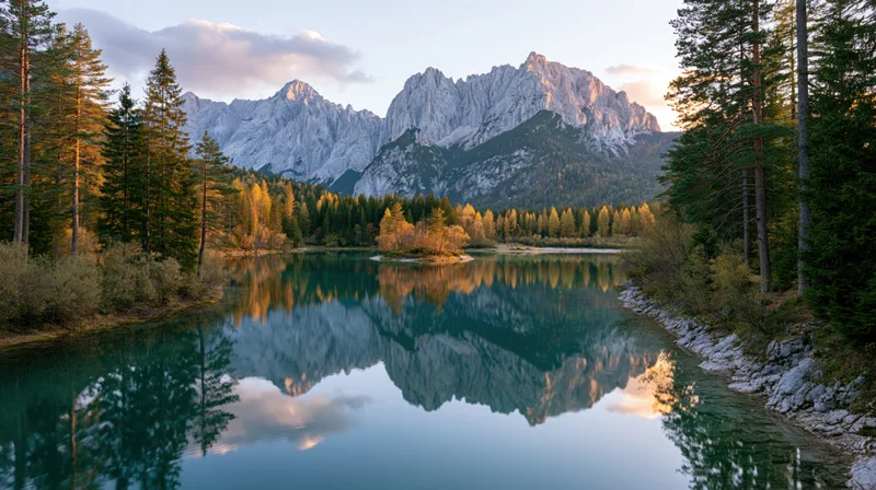 Alpine lake reflecting snow-capped mountains surrounded by autumn pine forest at sunset