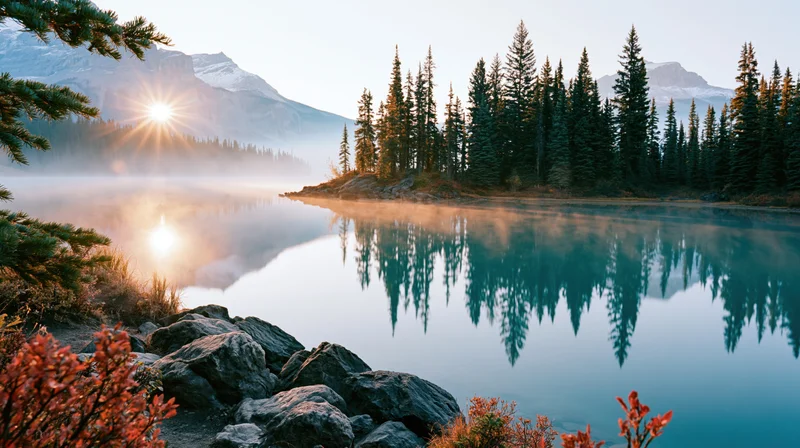 Sunrise over calm lake reflecting mountains and pine forest in autumnal landscape