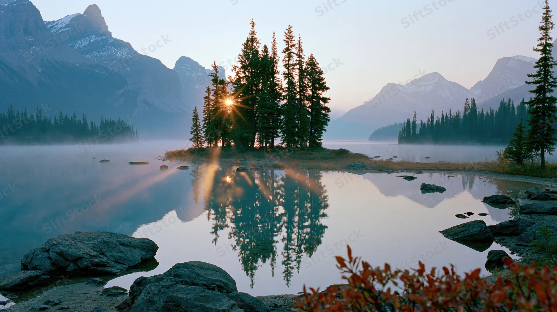 Sunrise over a calm lake reflecting evergreen trees and snow-capped mountains in a misty alpine valley