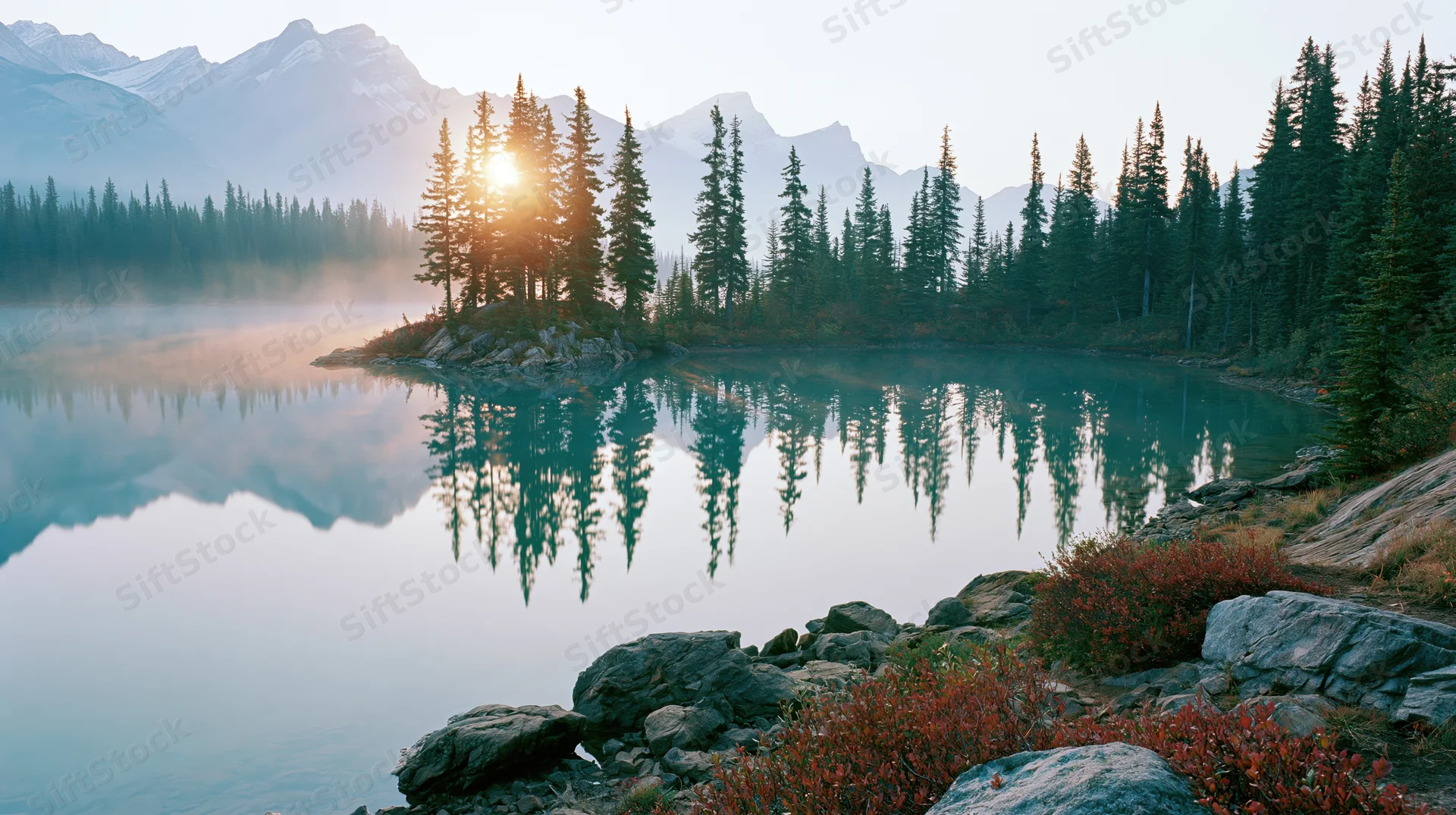 Calm lake reflecting pine trees and mountains at sunrise with mist rising from the water