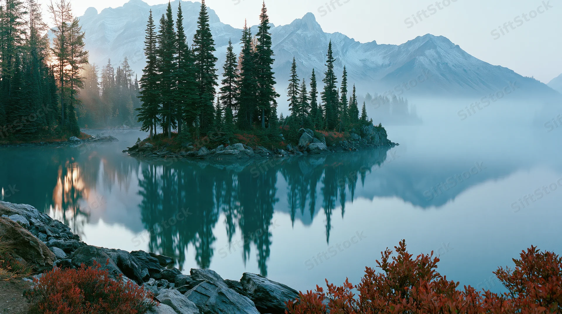 Calm lake reflecting pine trees and snow-capped mountains at sunrise with fog over the water and red shrubs along the rocky shore