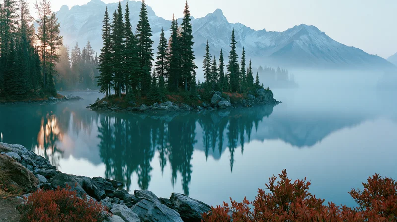 Calm lake reflecting pine trees and snow-capped mountains at sunrise with fog over the water and red shrubs along the rocky shore