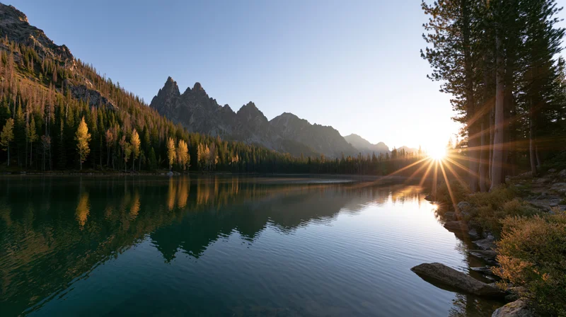 Mountain peaks reflected in calm lake at sunrise surrounded by pine forest