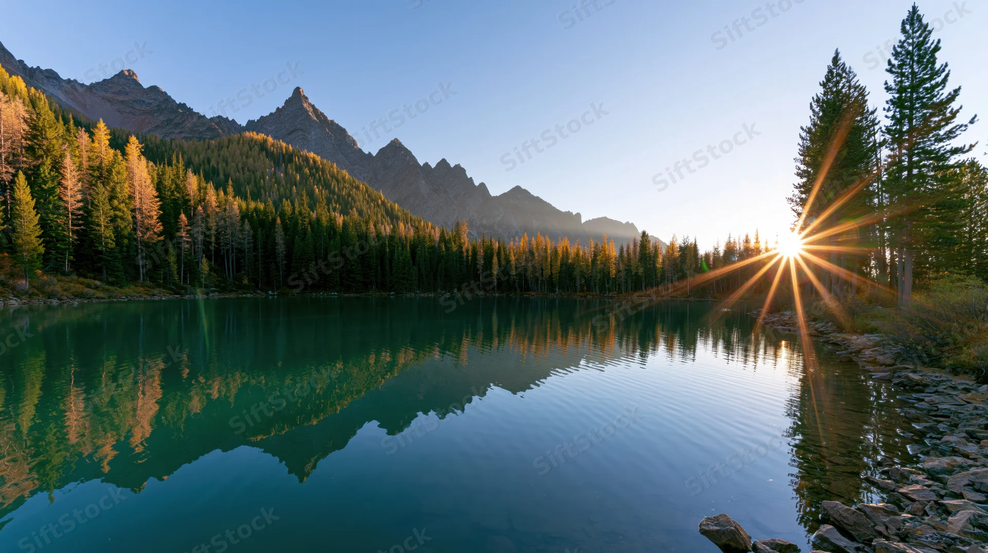 Calm alpine lake reflecting jagged mountains and pine forest at sunrise