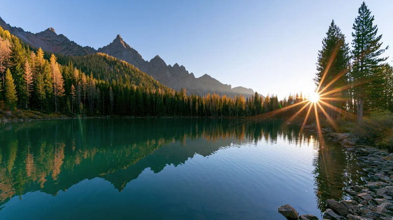 Calm alpine lake reflecting jagged mountains and pine forest at sunrise