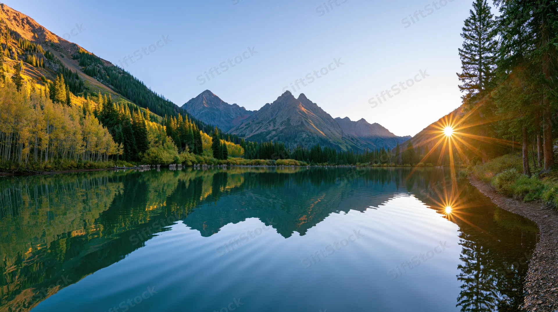 Mountain peaks reflected in calm lake at sunrise surrounded by autumn forest