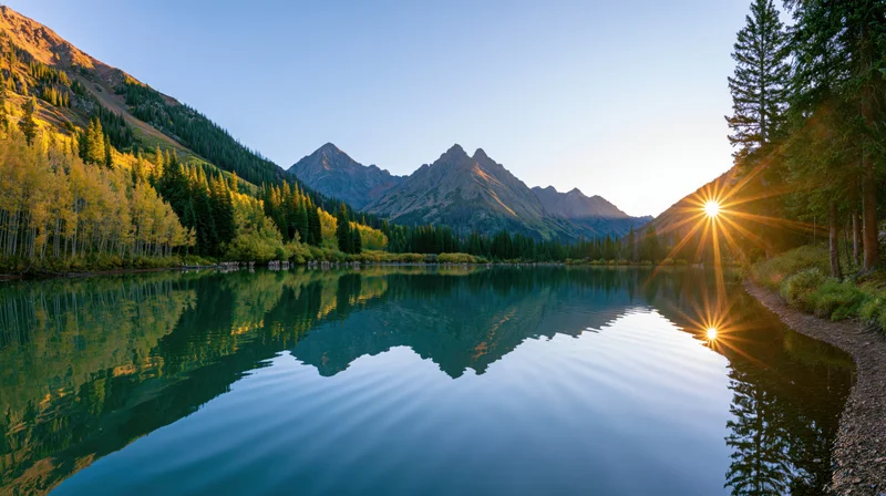 Mountain peaks reflected in calm lake at sunrise surrounded by autumn forest