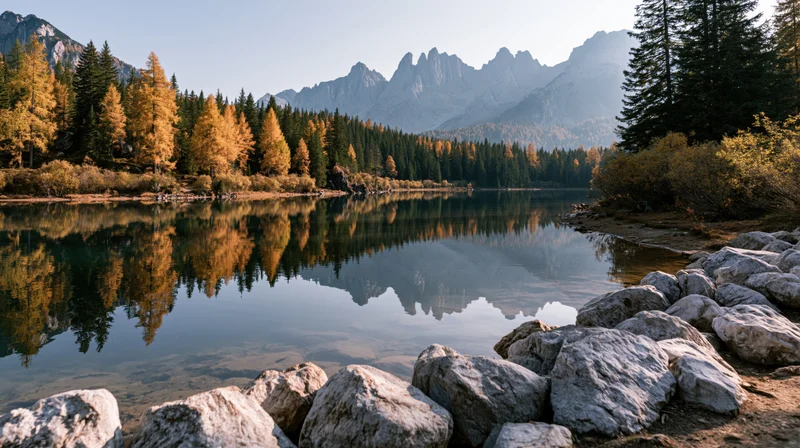 Calm lake reflecting autumn forest and mountains along rocky shoreline