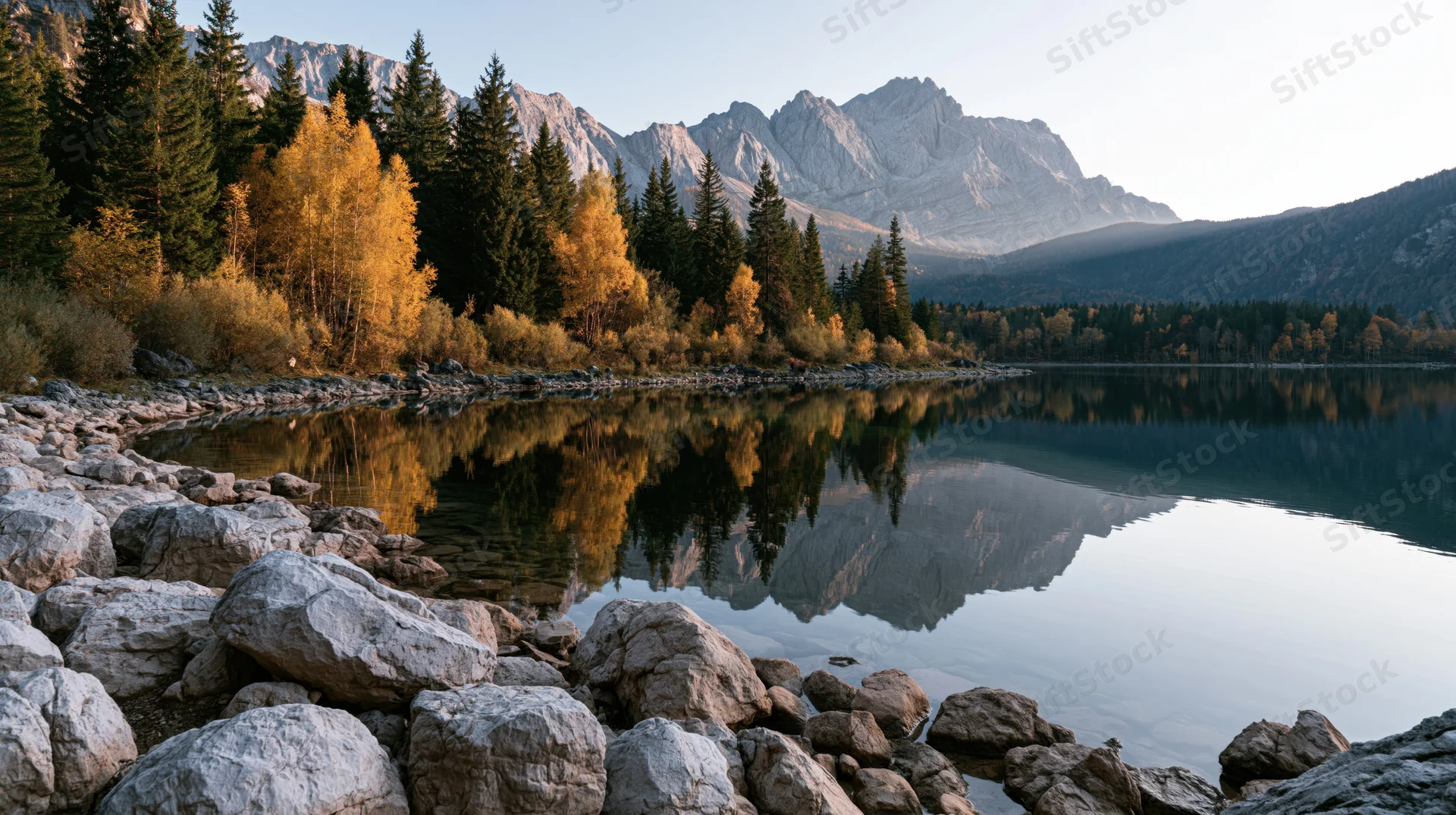 Calm lake reflecting autumn forest and mountains at shore with rocks