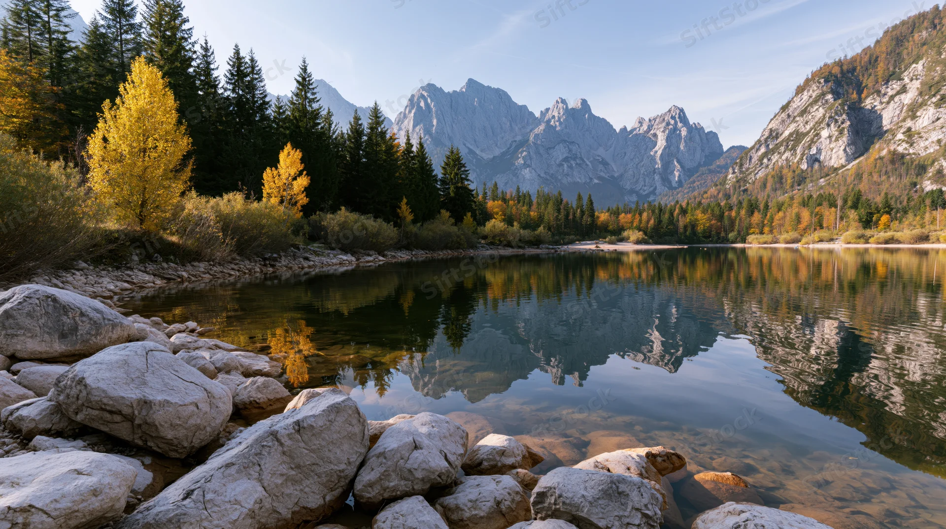 Mountain lake reflecting autumn forest and rocky peaks in calm water near shore with boulders