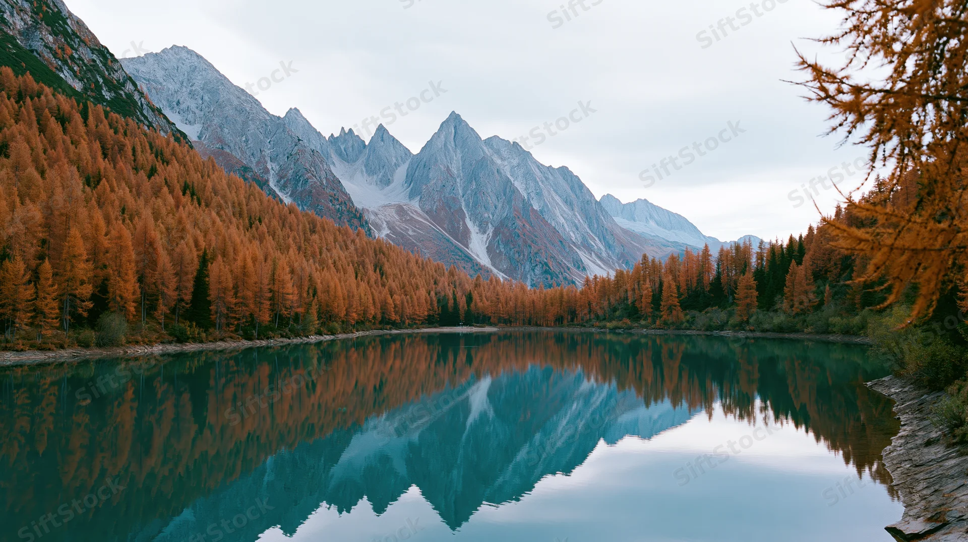 Alpine lake reflecting snow-capped mountains surrounded by autumn larch forest