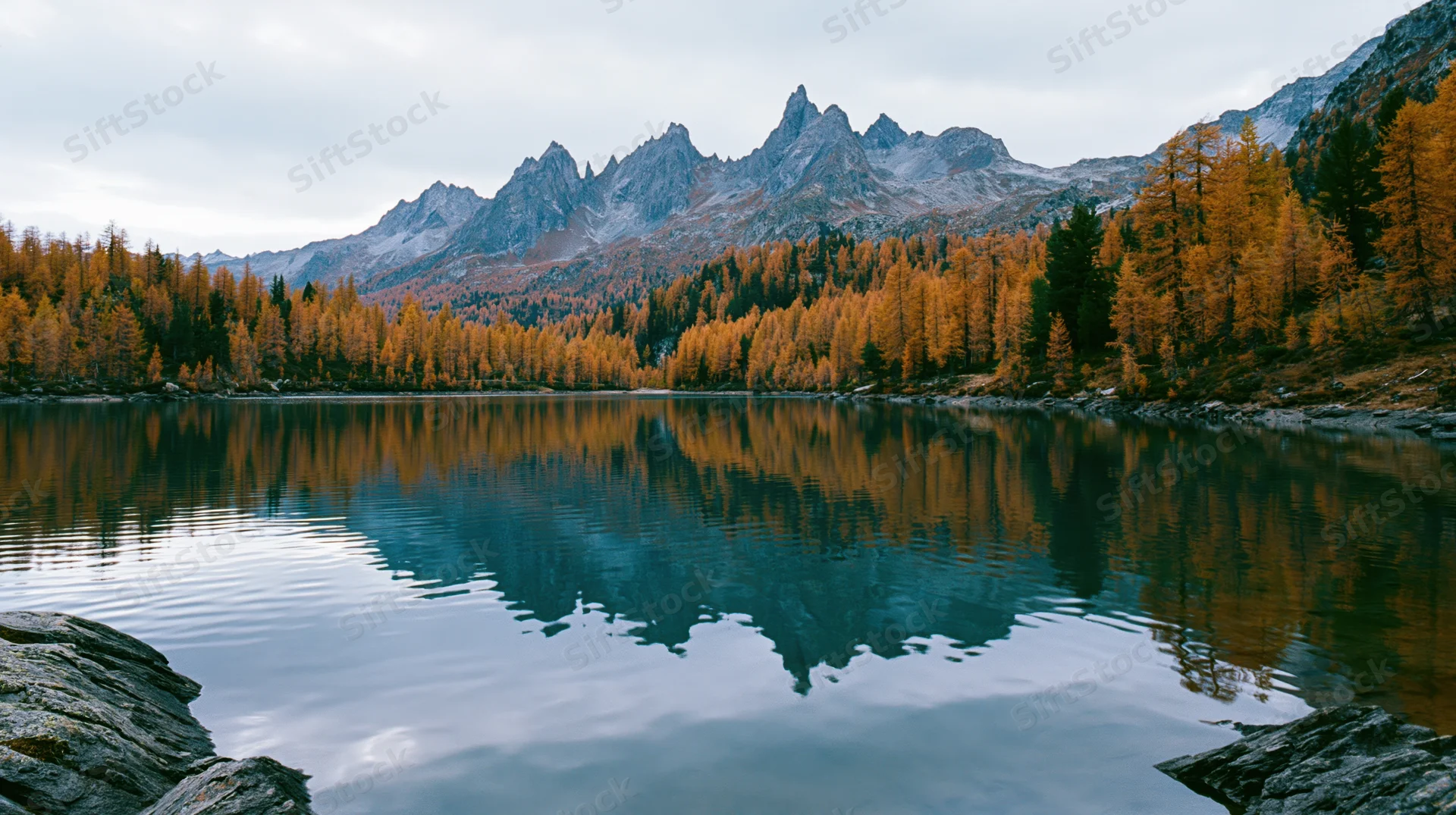 Alpine lake reflecting autumn forest and jagged mountain peaks under cloudy sky