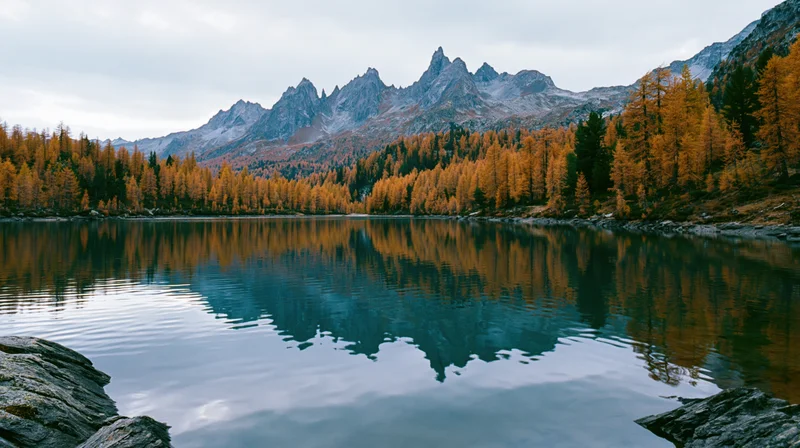 Alpine lake reflecting autumn forest and jagged mountain peaks under cloudy sky