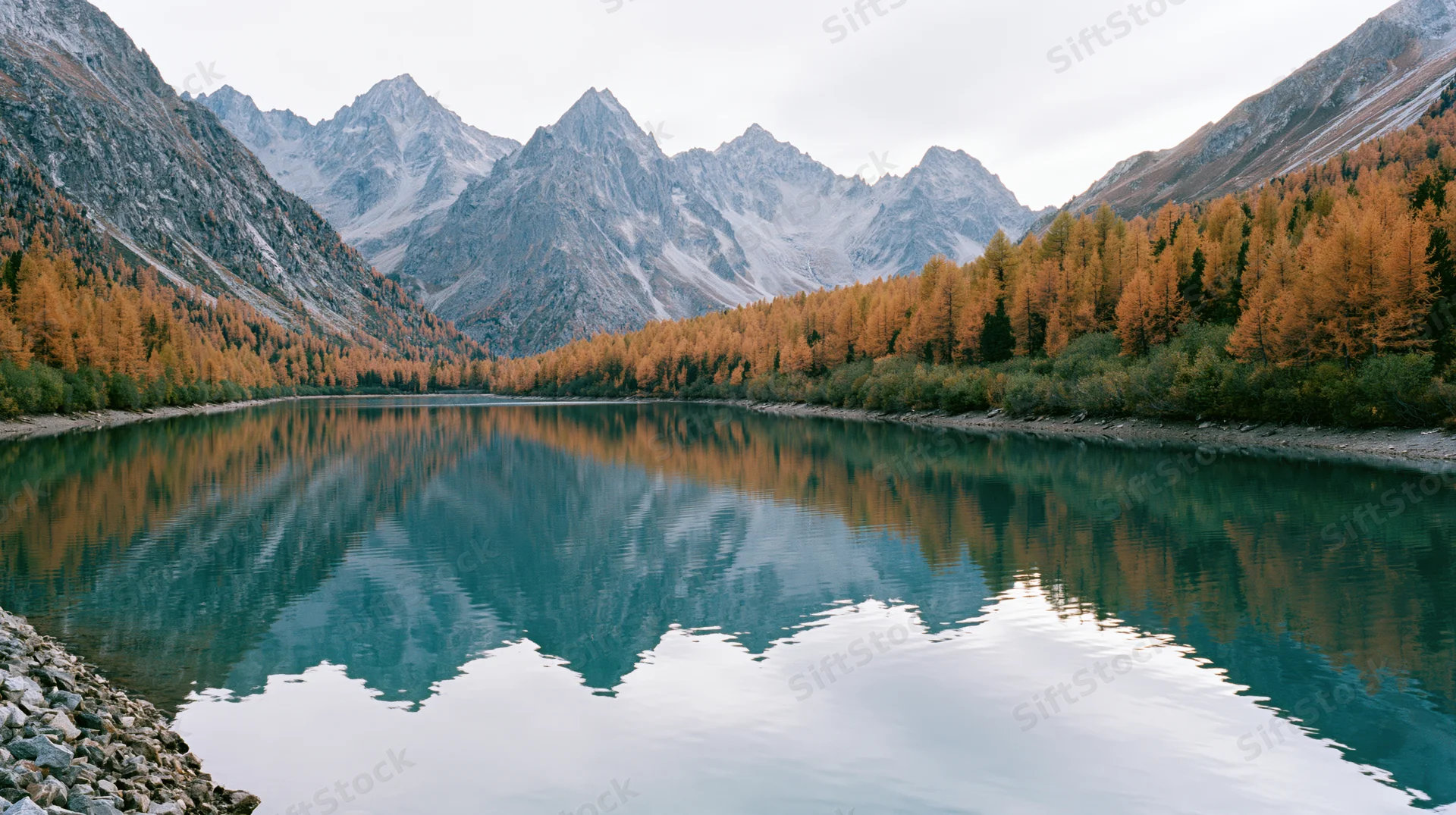 Alpine lake reflecting snow-capped mountains and autumn forest in a mountain valley