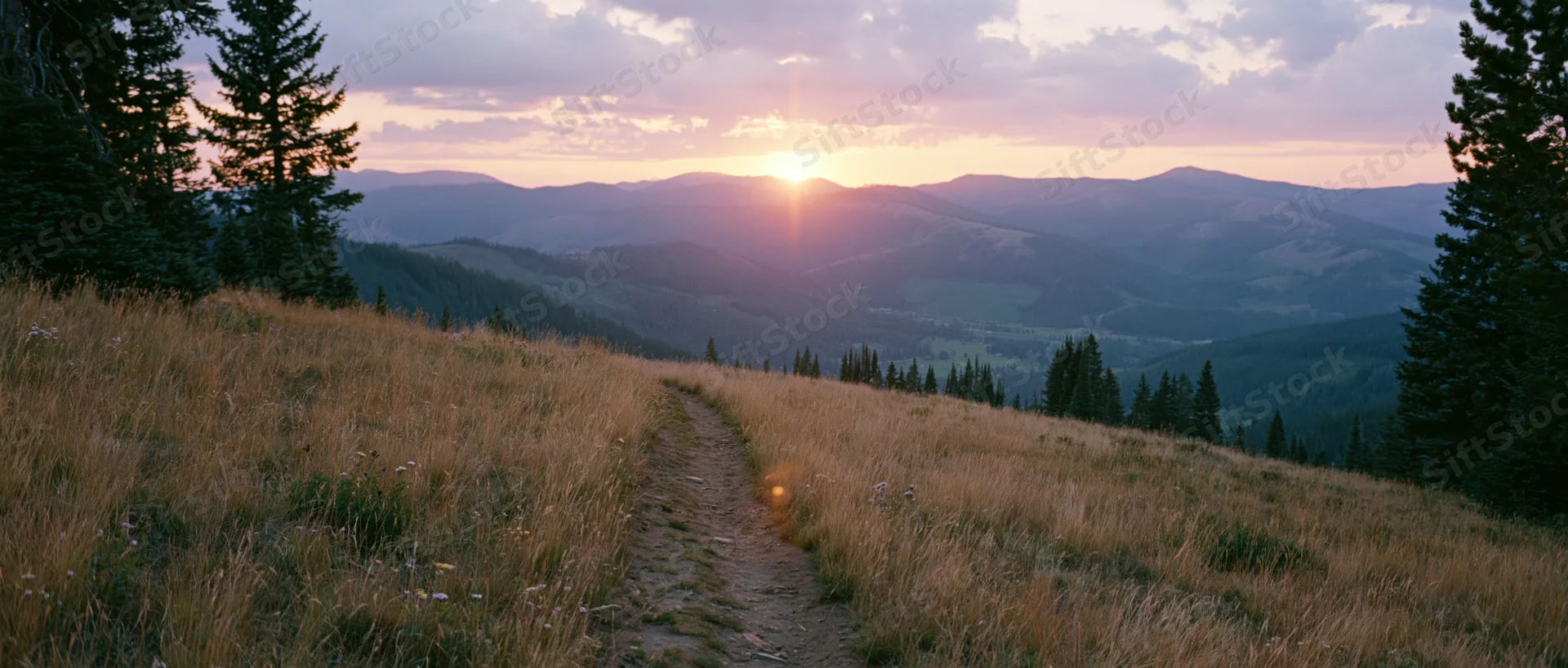 Dirt trail winding through golden grassy meadow toward distant mountains at sunset