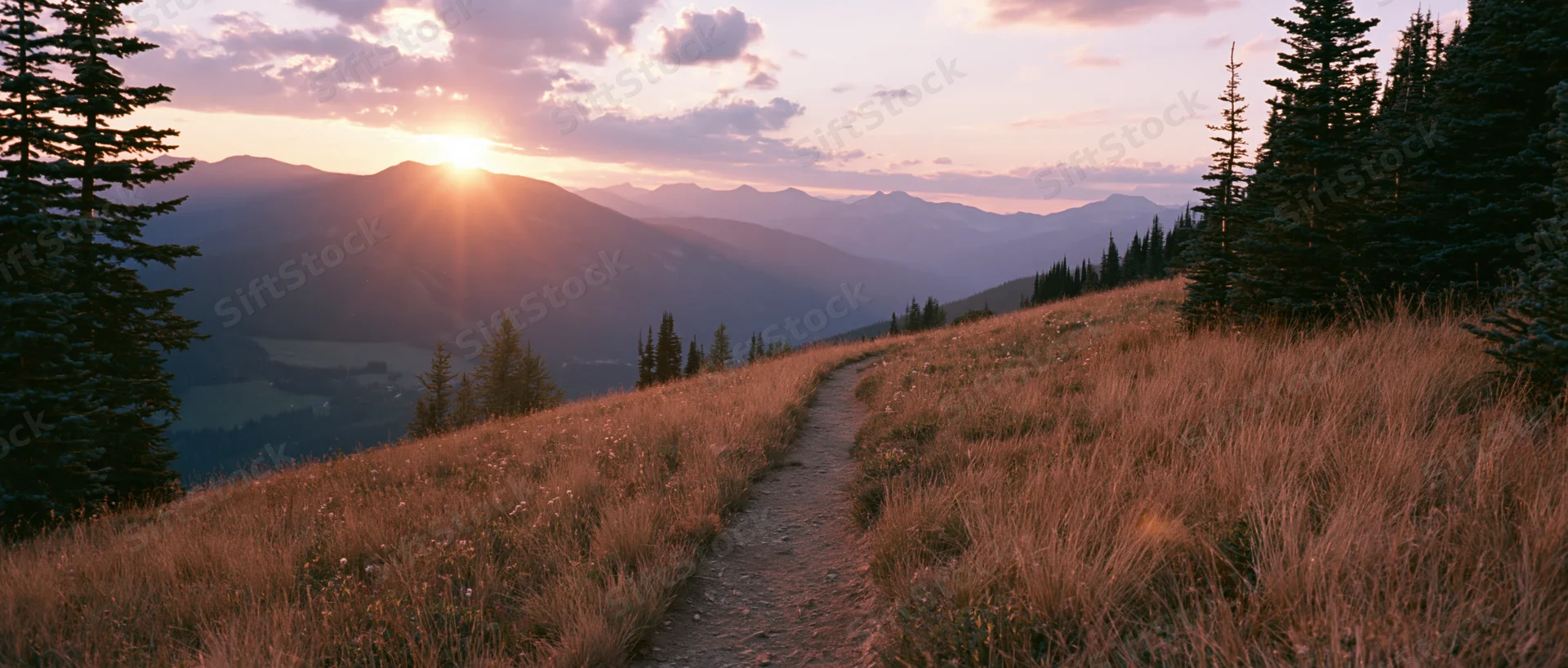Dirt path winding through grassy meadow toward distant mountains at sunset