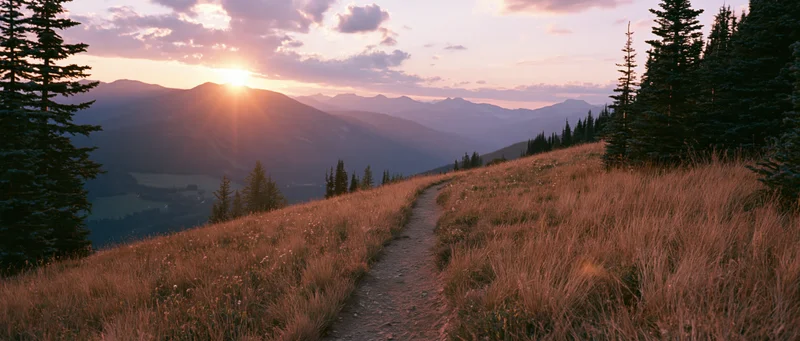 Dirt path winding through grassy meadow toward distant mountains at sunset