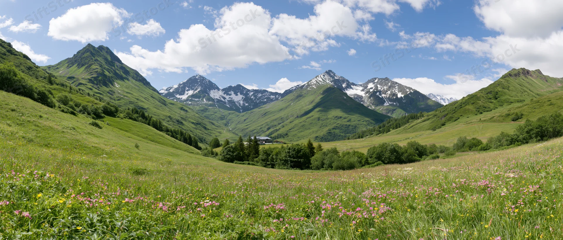 Alpine meadow with wildflowers and snow-capped mountains in the background