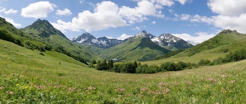 Alpine meadow with wildflowers and snow-capped mountains in the background