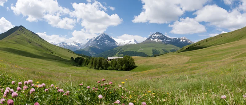 Alpine meadow with wildflowers and snow-capped mountains in the background